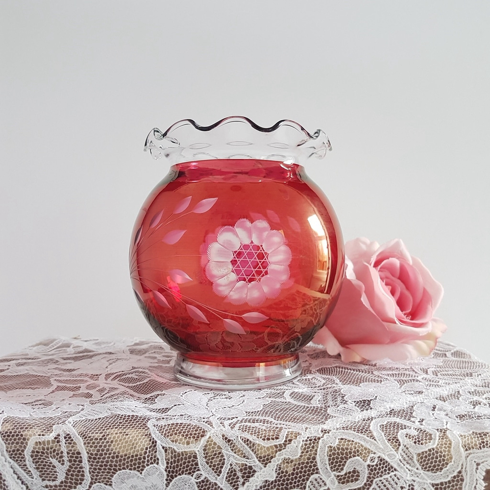 Cranberry Cut Glass Rose Bowl Vase with Etched Cornflower, Original Sticker